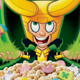 Marvel and General Mills' Loki Charms cereal packaging featuring a cartoon version of Loki juggling cereal pieces on a green rainbow.